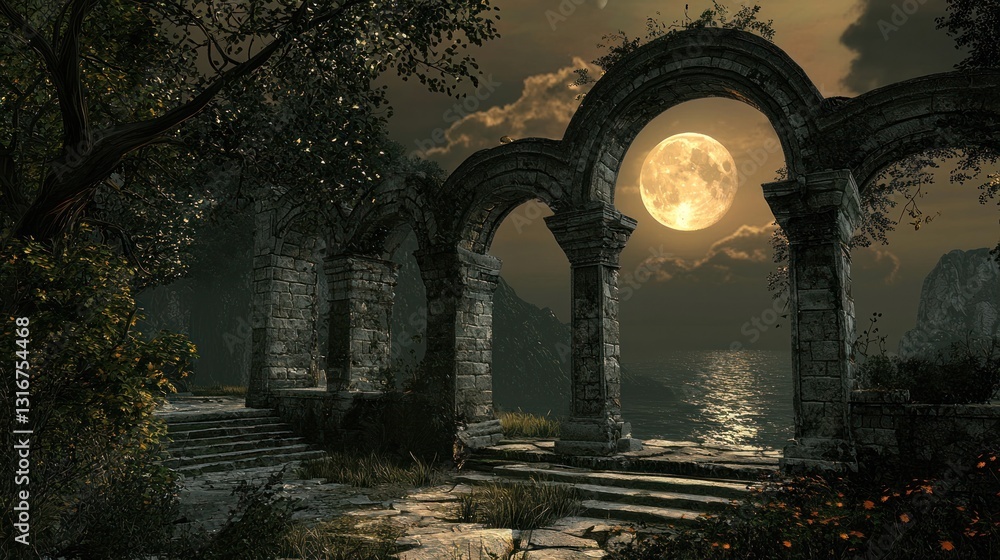 Obraz premium Enchanted Moonlit Ruins: A Serene Night by the Sea