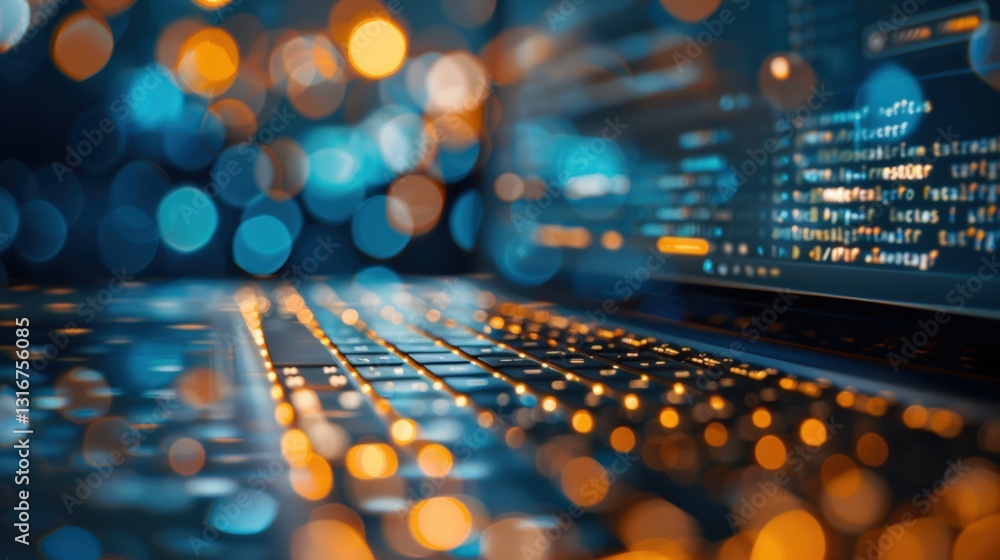 Fototapeta premium Close-up of a vibrant laptop keyboard with soft bokeh lights, perfect for technology and digital themes.