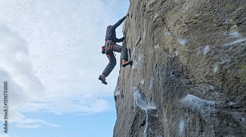 Climber conquers the top of the rock without belay