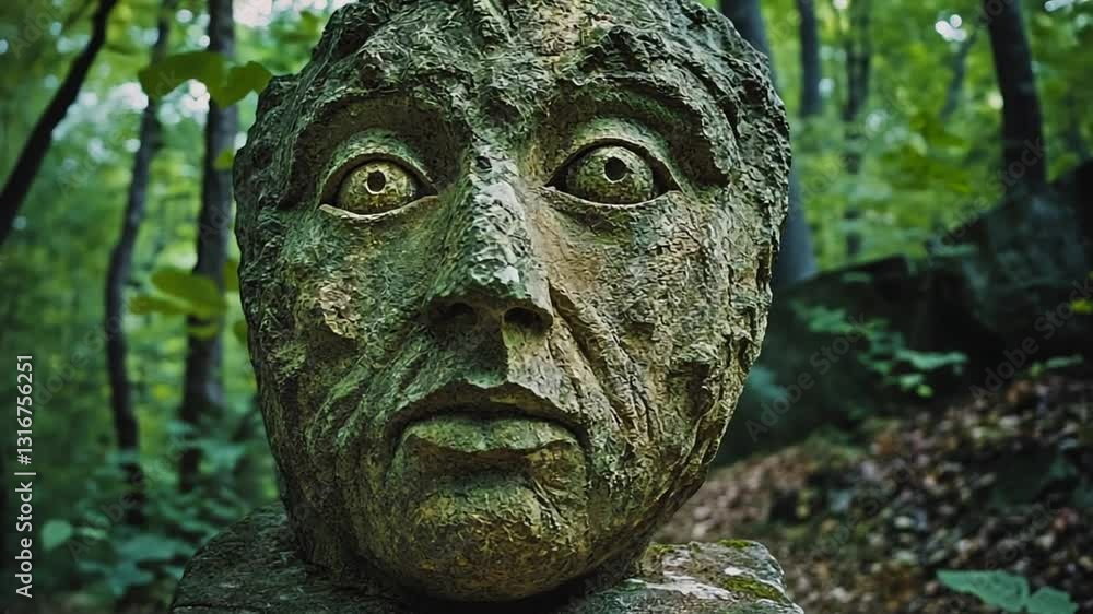 Mysterious Stone Face Statue in Tranquil Forest Setting - Close Up Shot