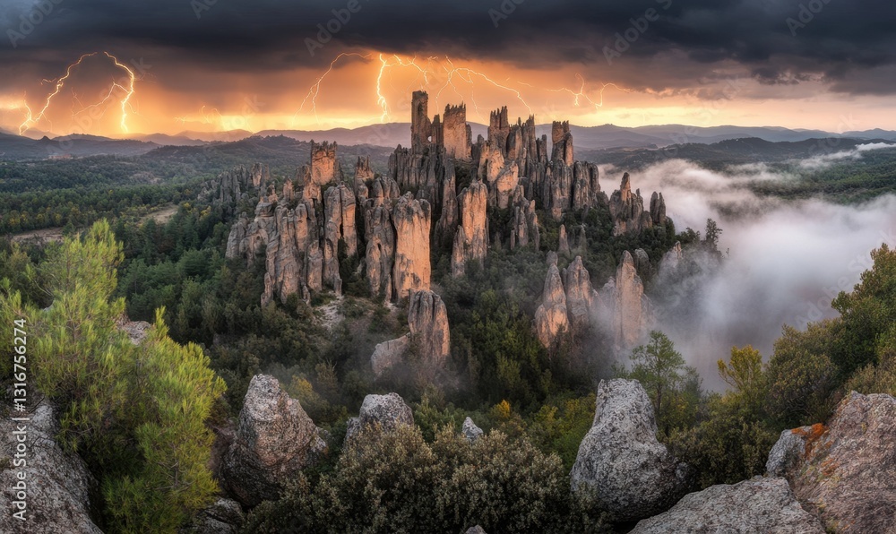 Fototapeta premium Stormy sunset over ancient stone castle ruins in a misty valley, fantasy landscape