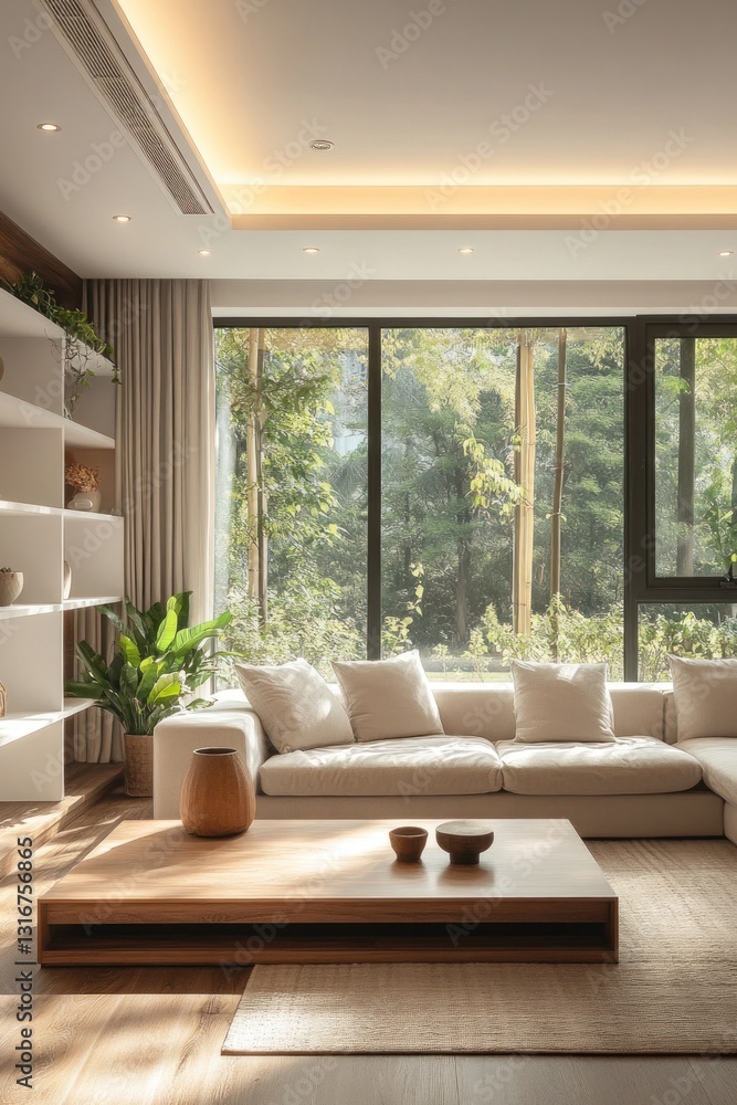 Fototapeta premium Modern living room with large window, beige sofa, wooden coffee table, and natural light.