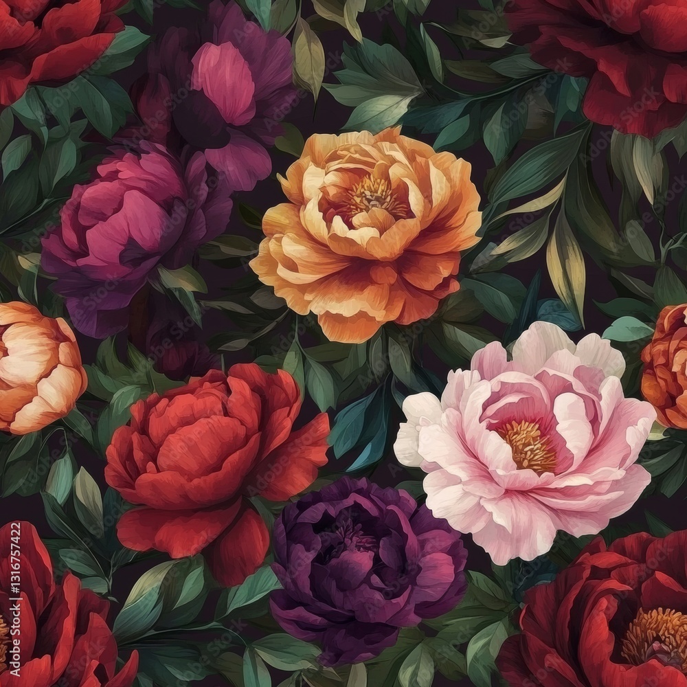 seamless floral pattern with rich luxury peonies and lush greenery, creating a luxurious and dramatic effect, peony flower wallpaper vintage wall decoration style seamless floral pattern with rich luxury peonies and lush greenery, creating a luxurious and dramatic effect, peony flower wallpaper vintage wall decoration style