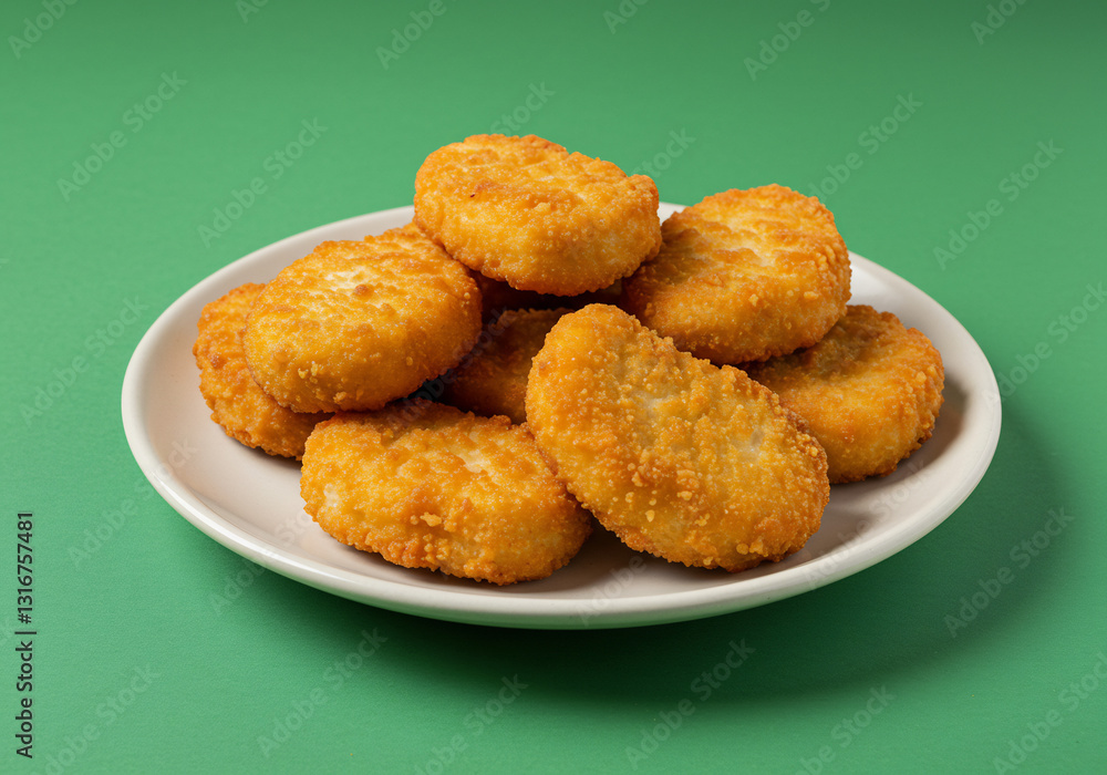 Golden Brown Crispy Chicken Nuggets on a White Plate Against a Green Background Golden Brown Crispy Chicken Nuggets on a White Plate Against a Green Background
