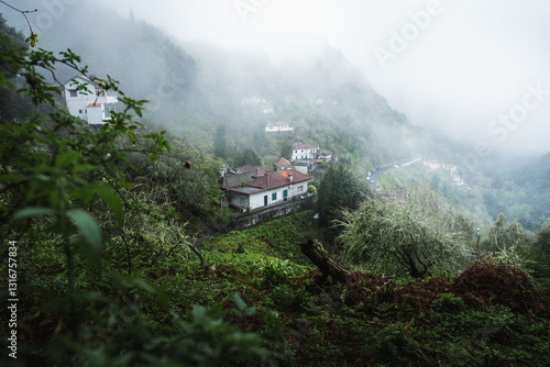 Dreamy house on the hill in mist in Madeira island.