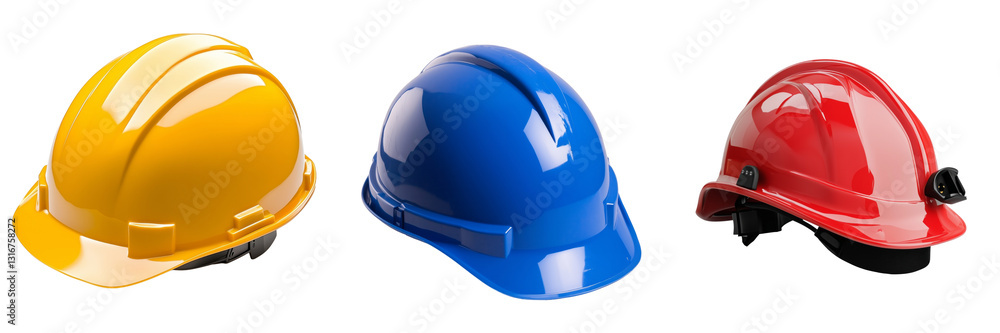 Fototapeta premium Safety helmets on a transparent background colorful hard hats showcase