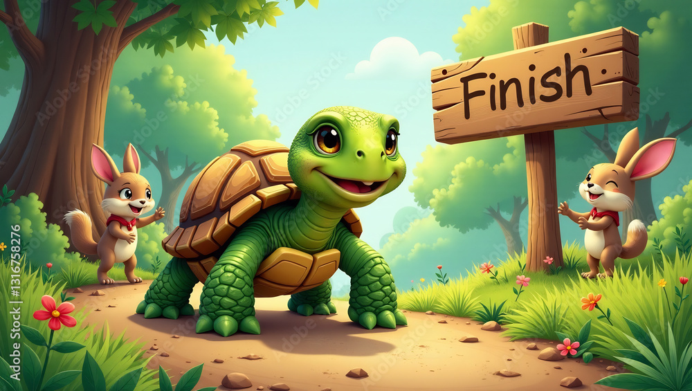 Obraz premium Turtle Reaching Finish Line, Cheering Animals, Victory