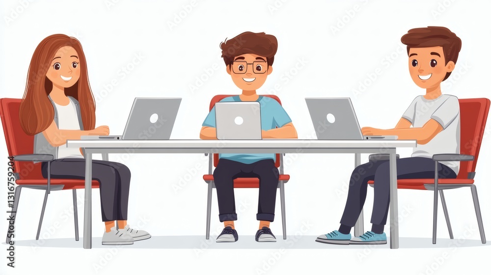 Three Teenagers Working on Laptops at a Table Three Teenagers Working on Laptops at a Table