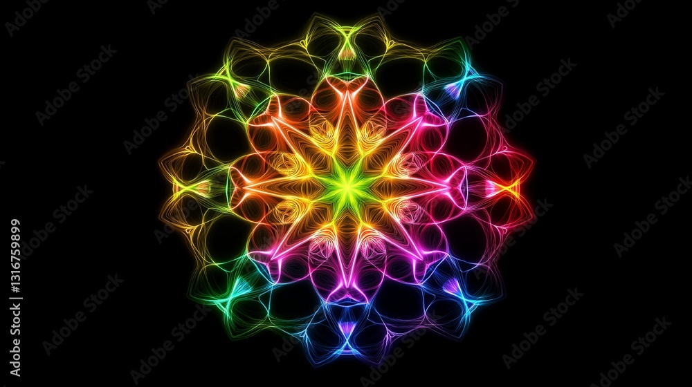 A symmetrical kaleidoscope pattern made of neon shapes A symmetrical kaleidoscope pattern made of neon shapes