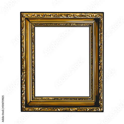 Ornate gold picture frame with detailed carvings and a blank white center, isolated on a white background