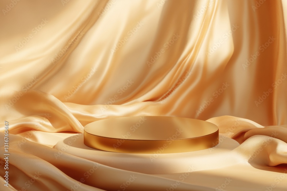 Obraz premium Elegant golden fabric folds create a luxurious backdrop for a reflective metallic pedestal. Generated AI