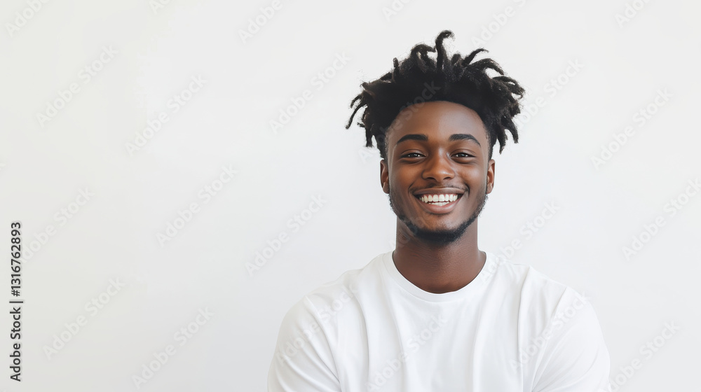 Obraz premium Smiling man with curly hair wearing white shirt against light background.