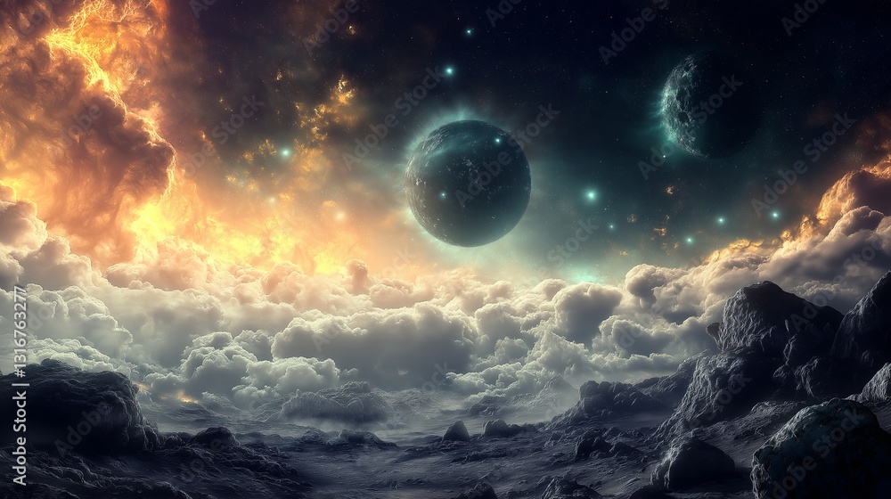 A surreal cosmic landscape with floating asteroids and neon lights A surreal cosmic landscape with floating asteroids and neon lights