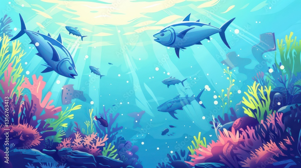 Fototapeta premium Vibrant underwater scene celebrating world tuna day with tuna fish and colorful coral. Horizontal banner. Copy space. Flat illustartion