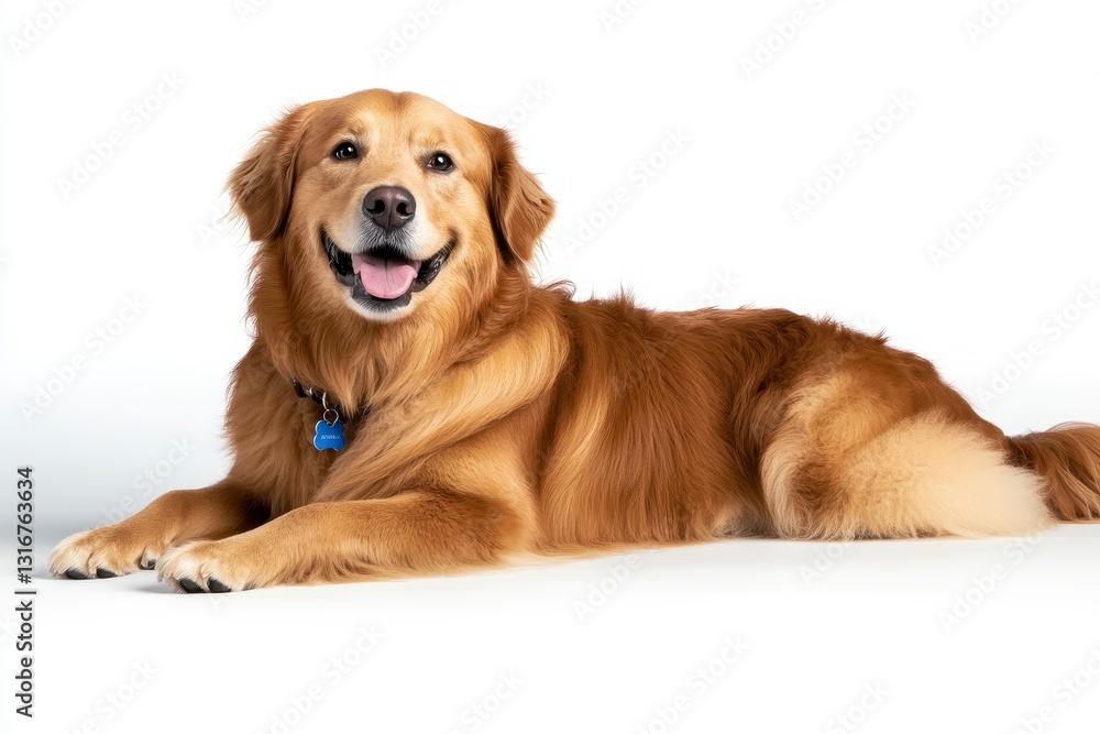 Obraz premium Happy Golden Retriever Relaxing on a White Background Portrait