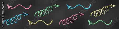 Graphic Chalk Drawn Sketch. Set of Design Elements Colorful Arrows Isolated on Chalkboard Backdrop.