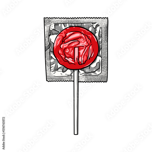 Illustration of a red lollipop enclosed in a wrapper resembling a condom packet, isolated on a white background