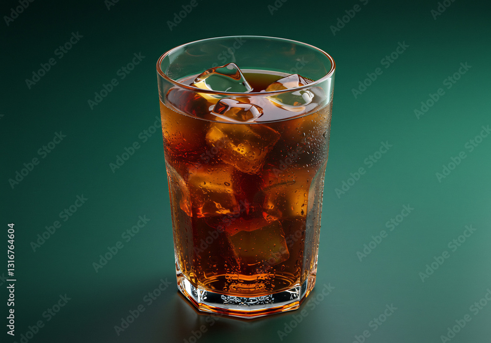 Refreshing Brown Drink with Ice Cubes in a Glass on Green Background Refreshing Brown Drink with Ice Cubes in a Glass on Green Background