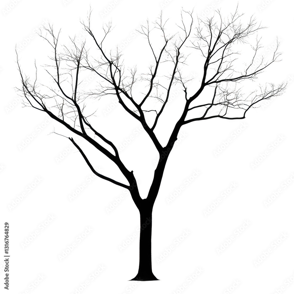 Fototapeta premium A tree with no leaves is shown in black and white. The tree is bare and has no leaves, giving it a somber and melancholic appearance