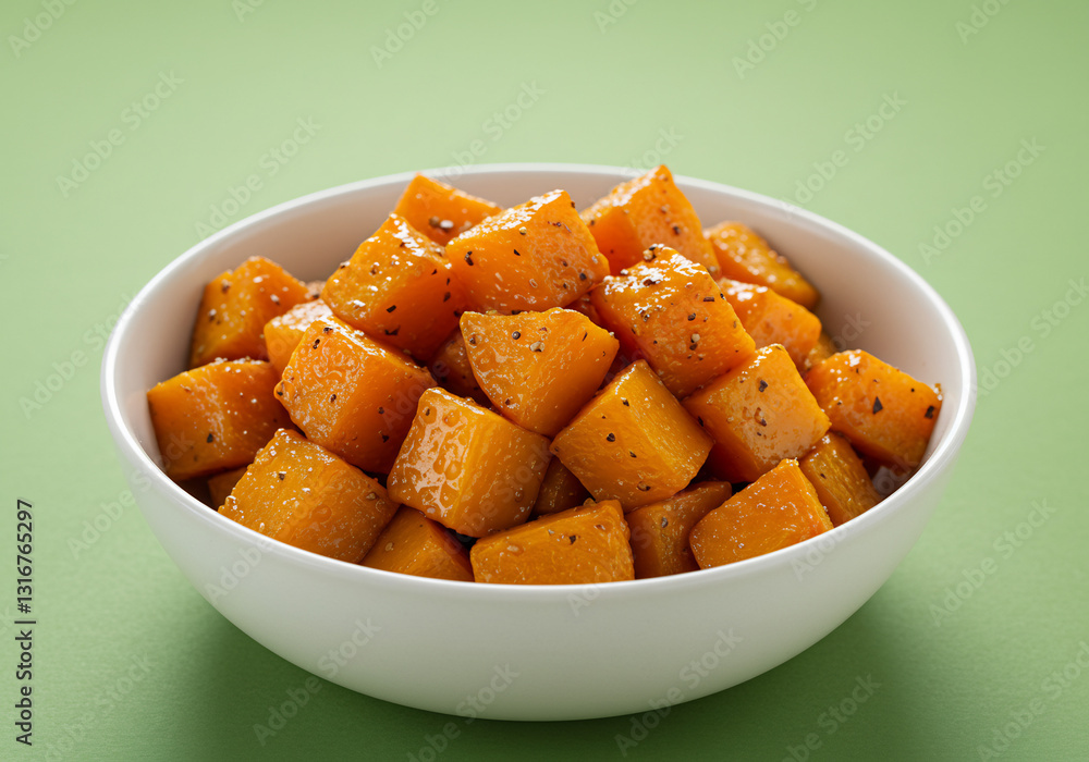 Roasted Butternut Squash Cubes in White Bowl Against Green Background Roasted Butternut Squash Cubes in White Bowl Against Green Background
