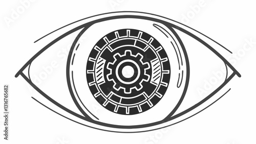 Artistic eye with a mechanical gear design in the iris in a striking black and white style