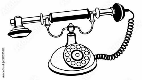 Classic rotary telephone with a coiled cord in a vintage black and white illustration
