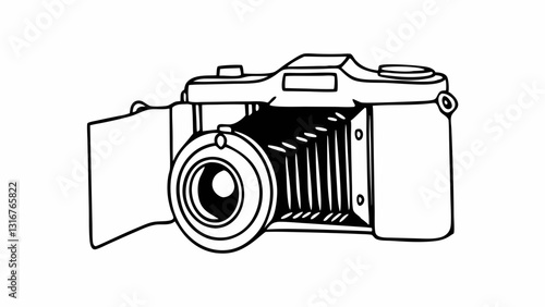 Retro camera with open bellows and lens in a minimalist black and white design