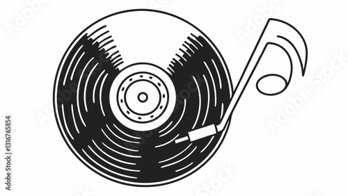 Vinyl record with a music note and stylus in a minimalist black and white design
