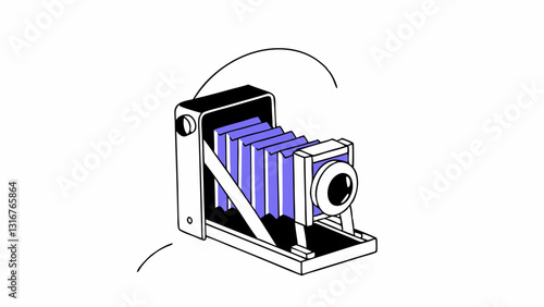 Vintage camera with purple accordion bellows in a minimalist design