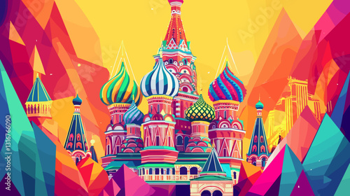 Colorful illustration of St. Basil's Cathedral with vibrant geometric shapes and vivid background