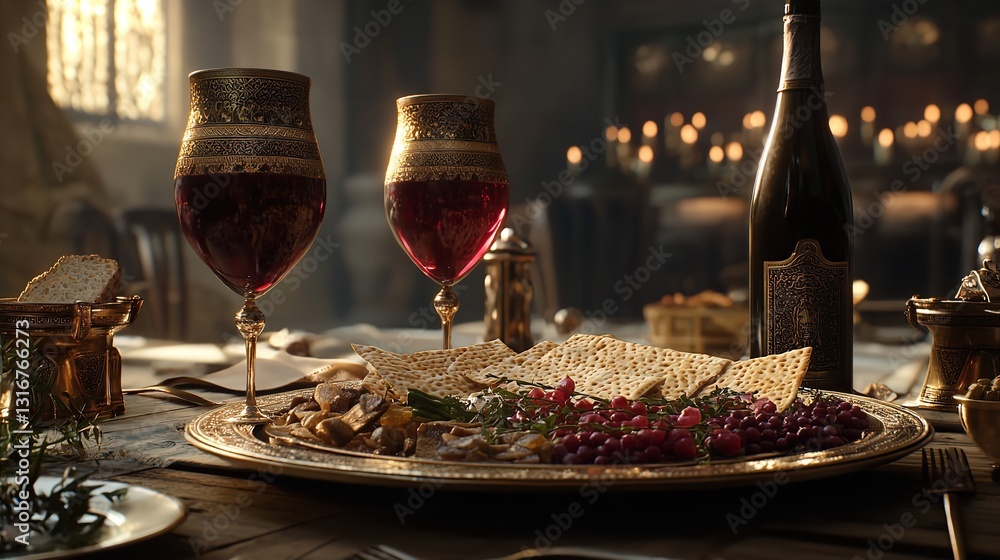 An Ornate Passover Seder Plate Holding Traditional Foods. An Ornate Passover Seder Plate Holding Traditional Foods.