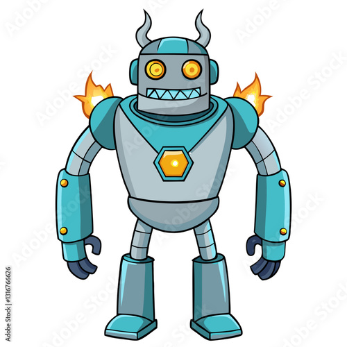 Fiery robot cartoon character, featuring glowing eyes and playful grin