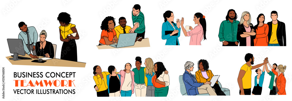 Business team concept illustrations. Set of scenes with men and women working together, supporting each other. Vector simple outline drawing for graphic, web design Isolated on transparent background Business team concept illustrations. Set of scenes with men and women working together, supporting each other. Vector simple outline drawing for graphic, web design Isolated on transparent background