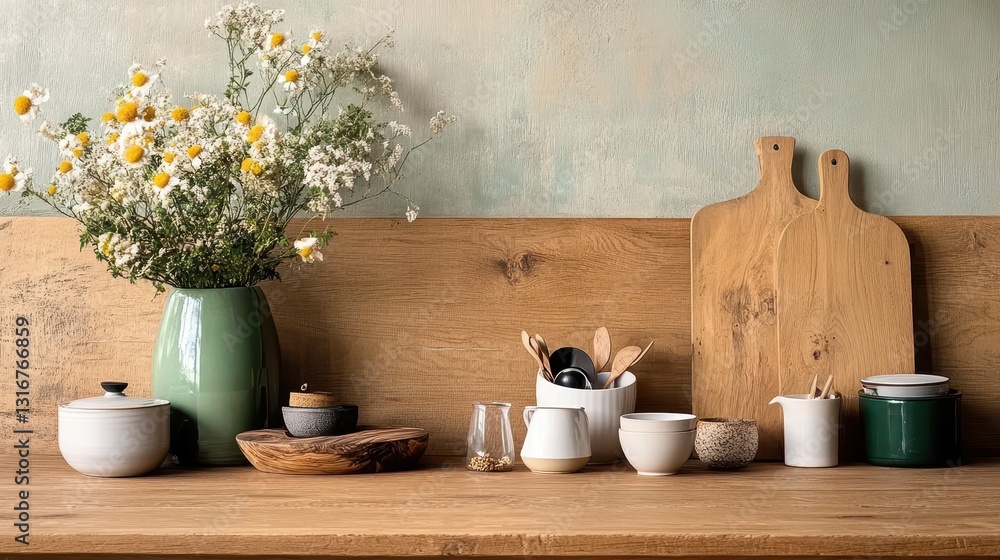 Rustic Kitchen Counter with Decorative Flower Arrangement and Utensils Rustic Kitchen Counter with Decorative Flower Arrangement and Utensils