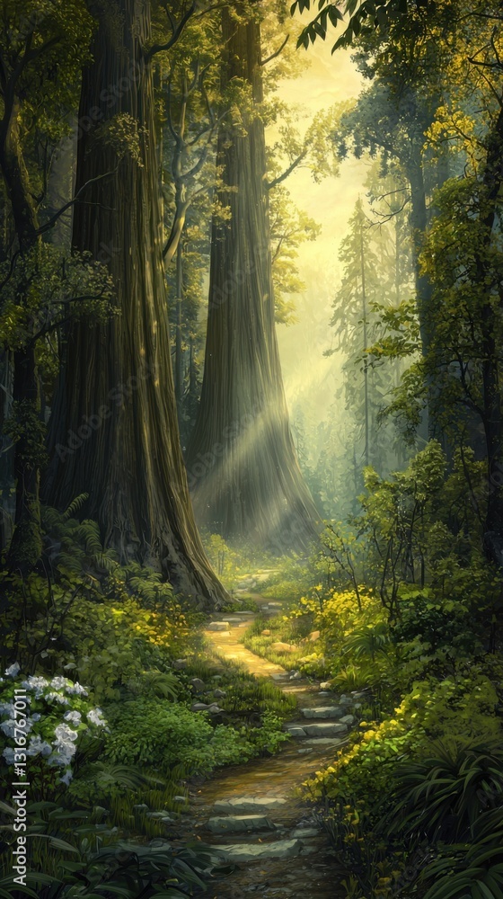 Fototapeta premium A serene pathway winding through a lush forest surrounded by tall trees and greenery