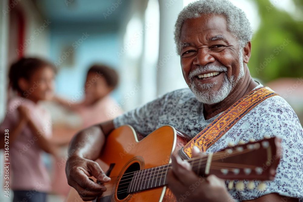 Older man with gray hair smiles while playing guitar outdoors, two children are blurred in the background. Concept of joy and music. For lifestyle promotion.