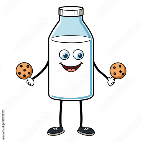 Animated milk bottle character holding chocolate chip cookies, illustration