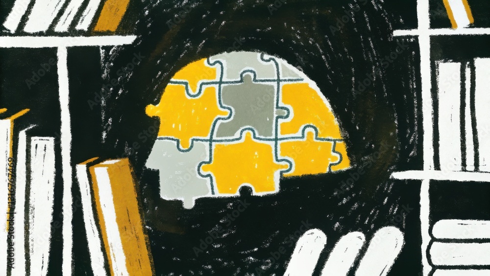 Fototapeta premium A creative illustration showing a puzzle-shaped head amidst books, symbolizing knowledge, learning, and the complexity of the mind.