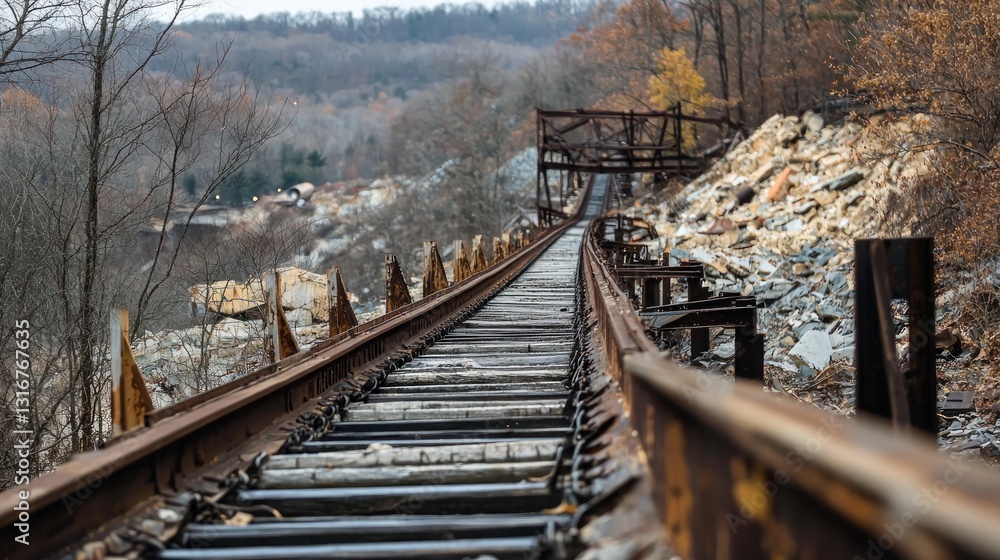 Naklejka premium Abandoned Rusty Railroad Tracks Ascending a Hillside