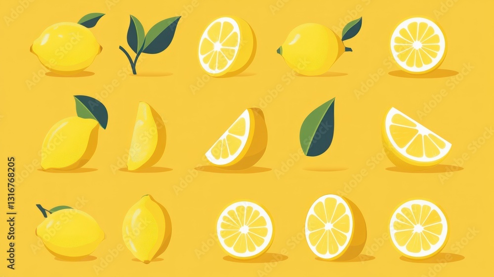 Collection of stylized lemon slices and whole lemons on a yellow background. Use Stock photo Collection of stylized lemon slices and whole lemons on a yellow background. Use Stock photo