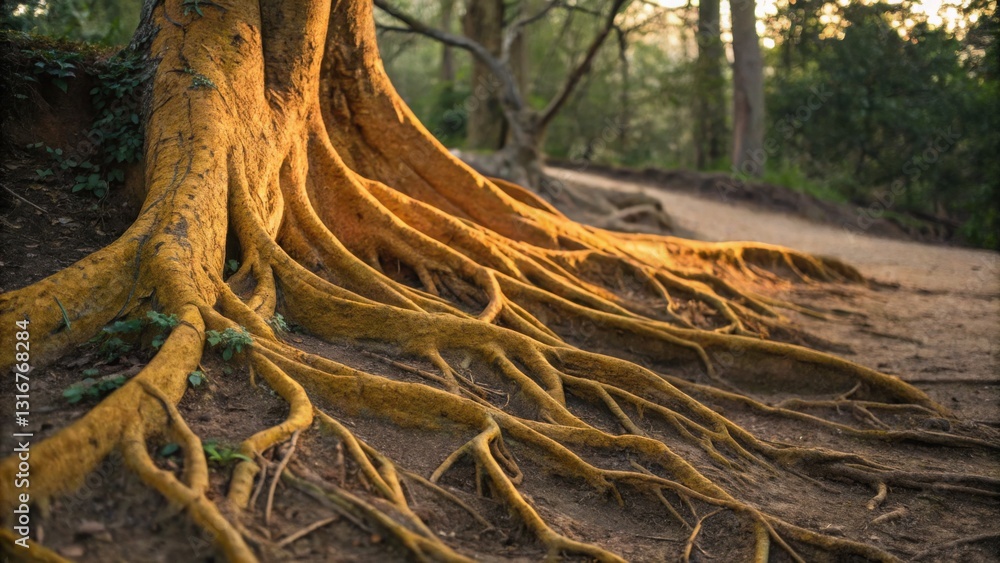 A close-up of tree roots illuminated by golden sunlight, showcasing their intricate structure and connection to the earth. A close-up of tree roots illuminated by golden sunlight, showcasing their intricate structure and connection to the earth.