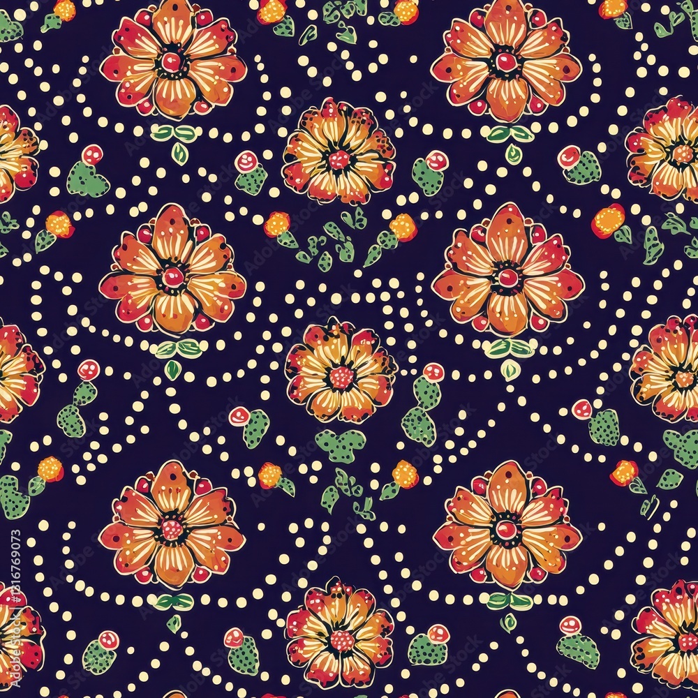 Elegant floral pattern with vibrant flowers and green leaves design Elegant floral pattern with vibrant flowers and green leaves design