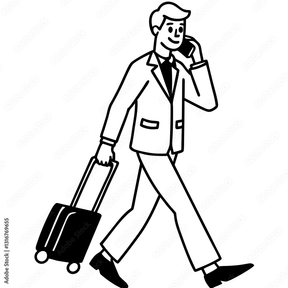 Man in business travel with a luggage. Male character walks with suitcase and talks on the phone. Man in business travel with a luggage. Male character walks with suitcase and talks on the phone.