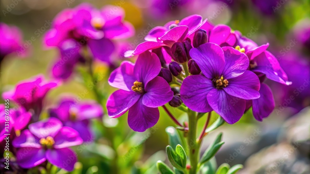 Close-up of a vibrant purple alpine wallflower in bloom, close-up, spring, close-up, spring, outdoor,beauty, color, garden Close-up of a vibrant purple alpine wallflower in bloom, close-up, spring, close-up, spring, outdoor,beauty, color, garden