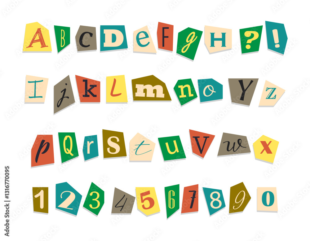 Journal cut letters and numbers set. Magazine collage vector alphabet. Journal cut letters and numbers set. Magazine collage vector alphabet.