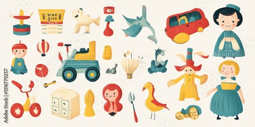 Colorful illustrations showcasing various toy items for entertainment and play