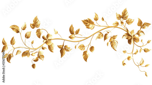 A golden ornamental design with vines and leaves, cut out and isolated on a transparent background, adding a touch of vintage elegance.