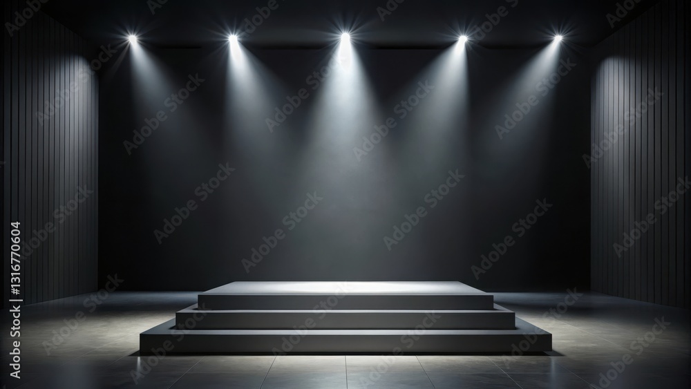 Obraz premium Darkened stage with empty podium center, minimalist, silence, minimalist, silence, podium, solitude, dark, modern