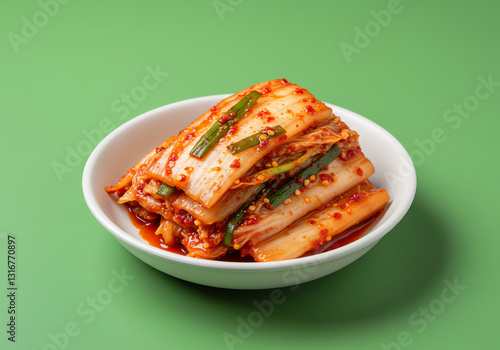 Spicy Kimchi in White Bowl Against Green Background