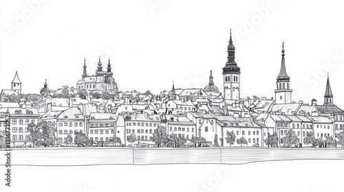 Cityscape Drawing: European Town Panorama - Detailed line drawing of a charming European town, showcasing numerous buildings, spires, and a river. Ideal for coloring, print, or